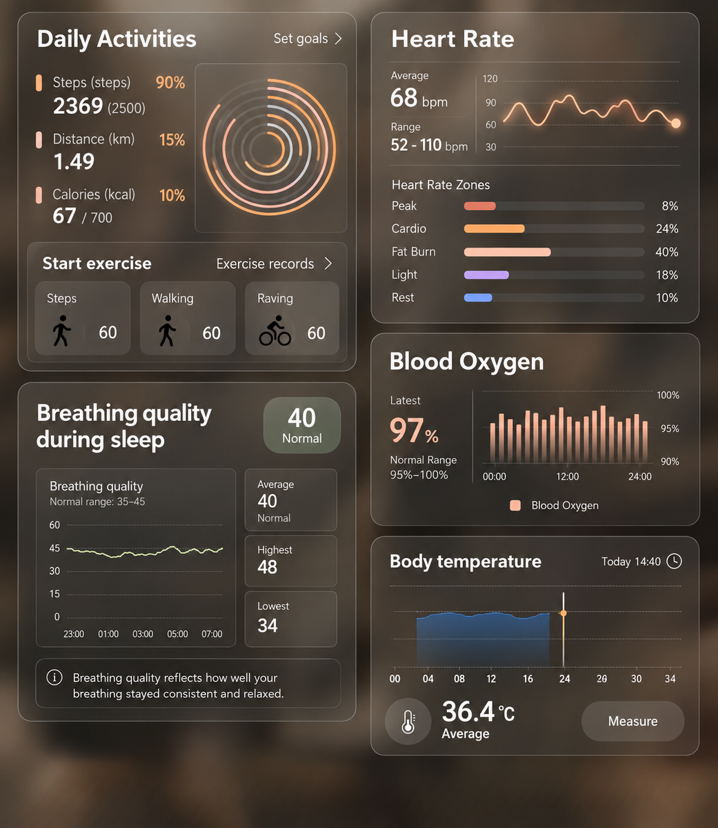 The Beyouda app dashboard: activity, heart rate, blood oxygen, breathing and temperature